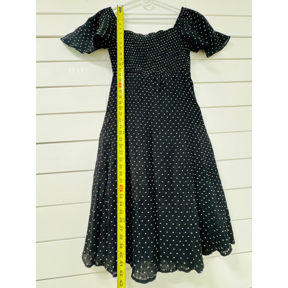 Ott Black Polka Dot Smocked Mini Dress Flutter Sleeve Cottagecore Square Neck - Picture 5 of 7